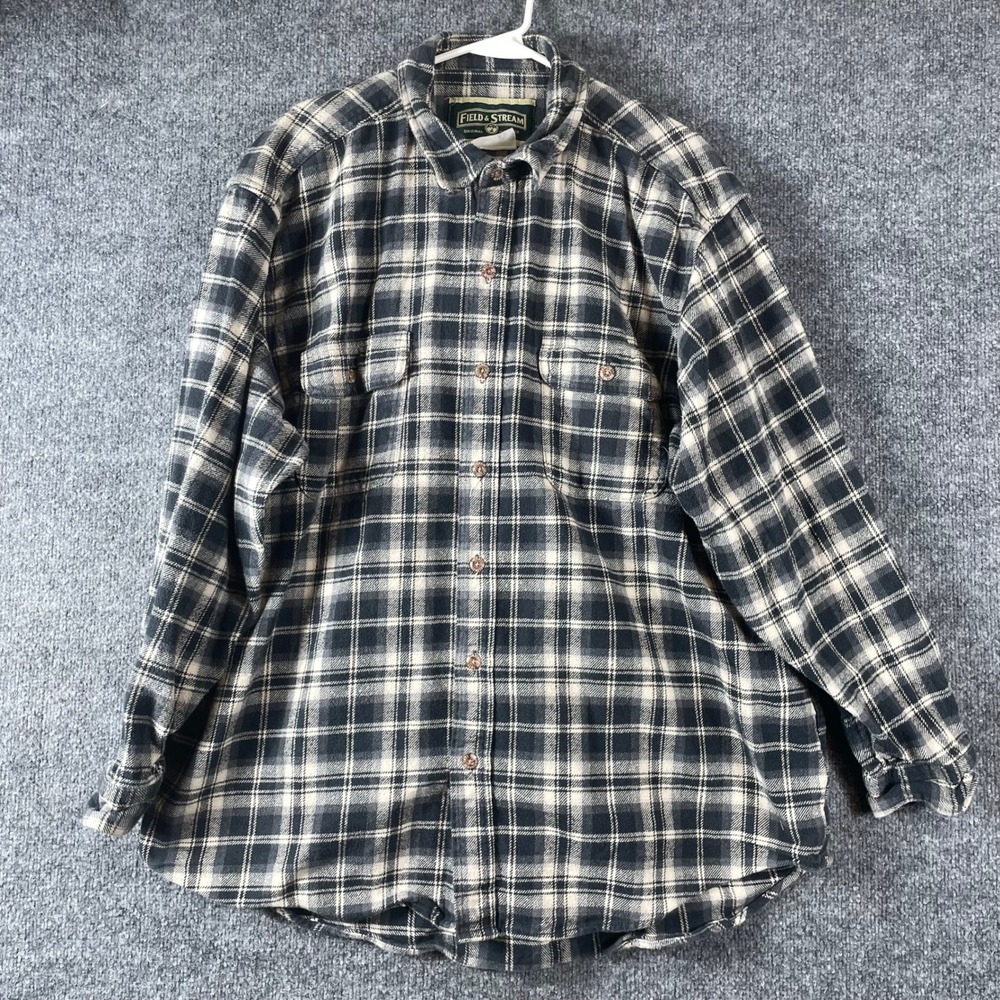 Field & Stream Shirt Mens XL Blue Gray Plaid Flannel Heavyweight Grunge Outdoors
